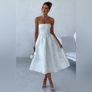 Strapless White Midi Dress - Elegant Textured A-Line